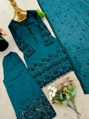 Sequence Work Teal Blue Vichitra Silk Palazzo Suit