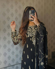 Chinon Silk Embroidery Work Black Color Salwar Suit