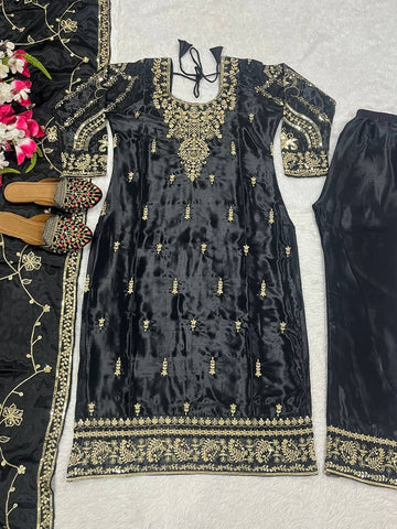Chinon Silk Embroidery Work Black Color Salwar Suit
