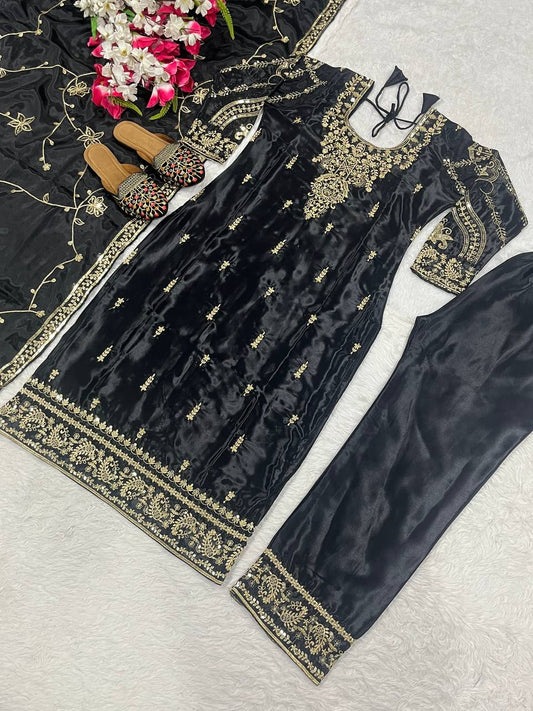 Chinon Silk Embroidery Work Black Color Salwar Suit