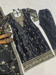 Chinon Silk Embroidery Work Black Color Salwar Suit
