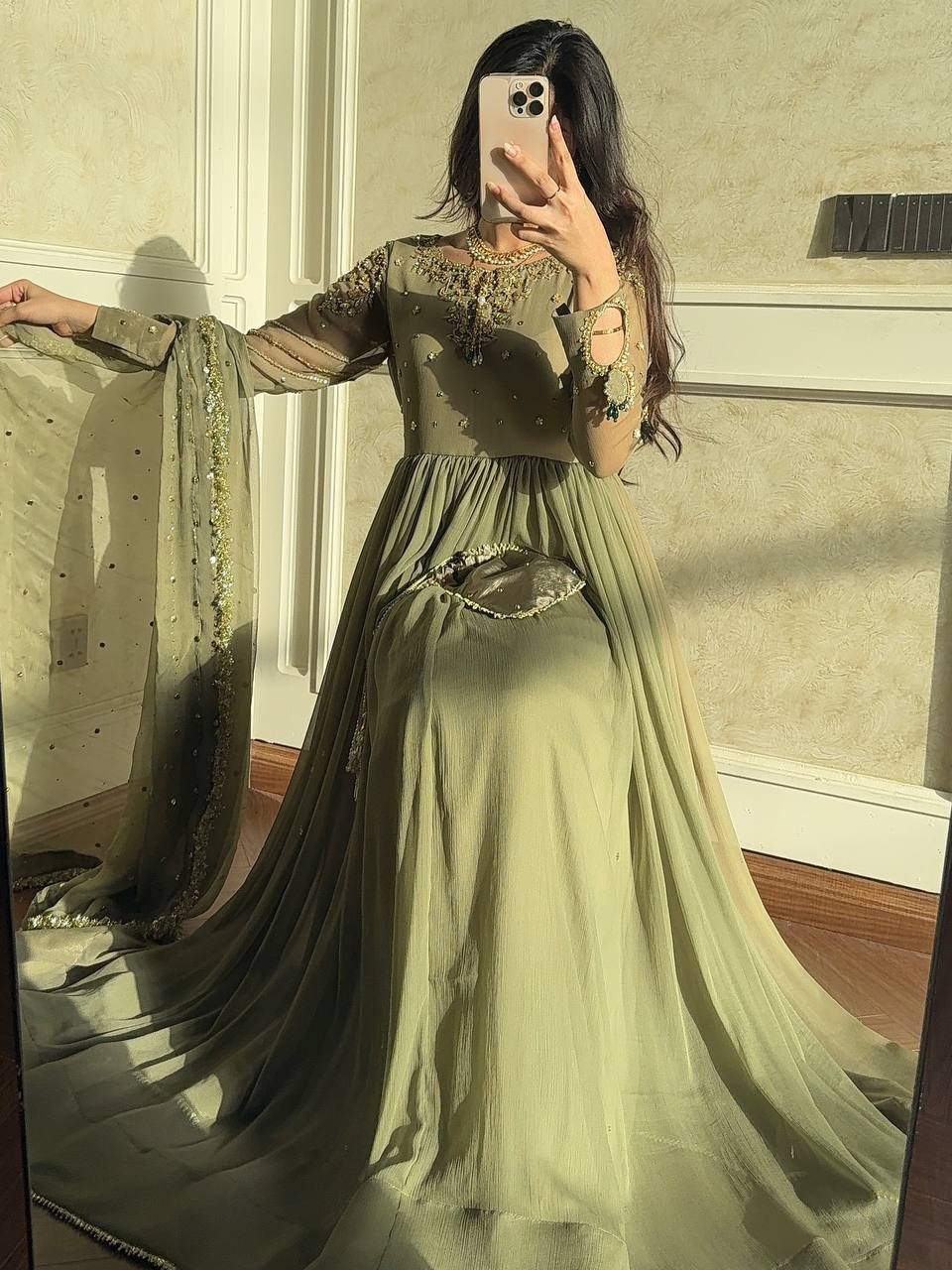 Sequence Work Pista Color Georgette Anarkali Gown