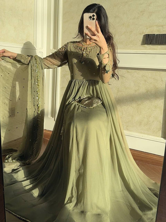 Sequence Work Pista Color Georgette Anarkali Gown