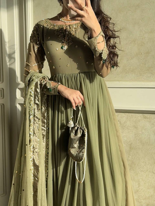 Sequence Work Pista Color Georgette Anarkali Gown