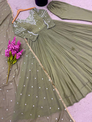 Sequence Work Pista Color Georgette Anarkali Gown