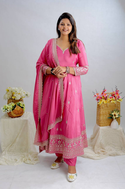 Pink Color Embroidery Work Graceful Anarkali Gown