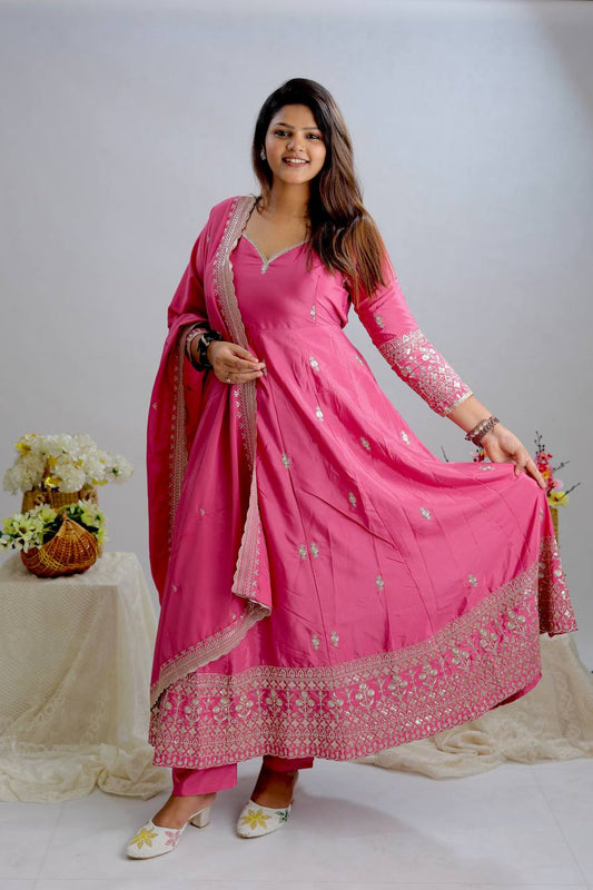 Pink Color Embroidery Work Graceful Anarkali Gown