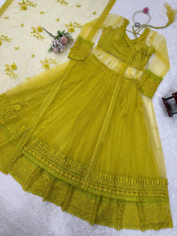 Lemon Color Kediya Style Shrug With Lehenga
