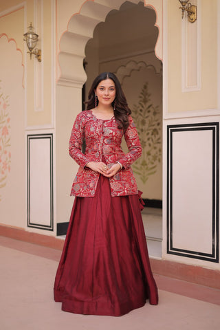 Vichitra Simmer Maroon Color Graceful Top With Lehenga