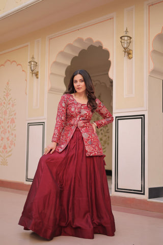 Vichitra Simmer Maroon Color Graceful Top With Lehenga
