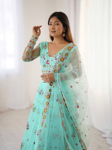 Soft Net Multi Thread Work Light Green Color Lehenga Choli