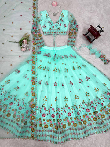 Soft Net Multi Thread Work Light Green Color Lehenga Choli