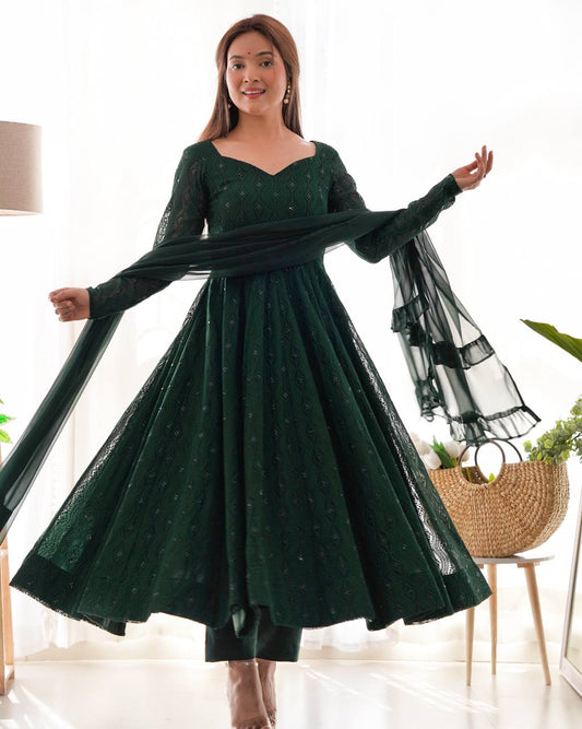 Luxuriant Green Color Sequence Work Anarkali Gown