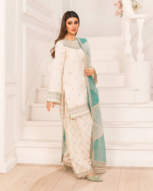 White Color Sequence Work Top With Farshi Palazzo Set
