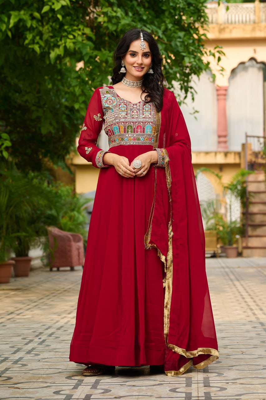 Faux Blooming Embroidery Work Red Color Gown With Dupatta