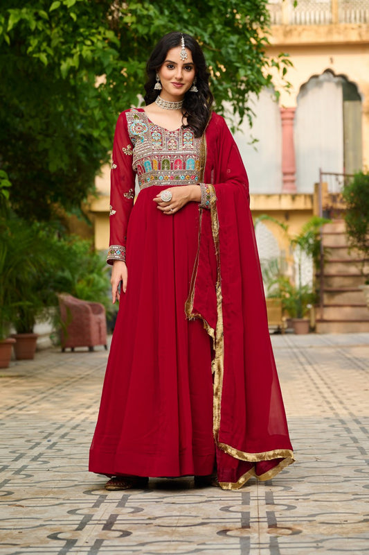 Faux Blooming Embroidery Work Red Color Gown With Dupatta
