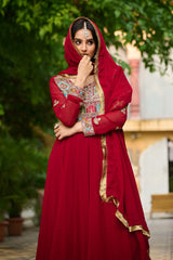 Faux Blooming Embroidery Work Red Color Gown With Dupatta