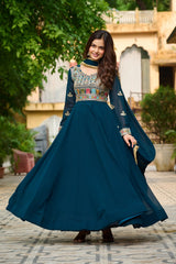 Faux Blooming Embroidery Work Rama Color Gown With Dupatta
