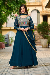 Faux Blooming Embroidery Work Rama Color Gown With Dupatta