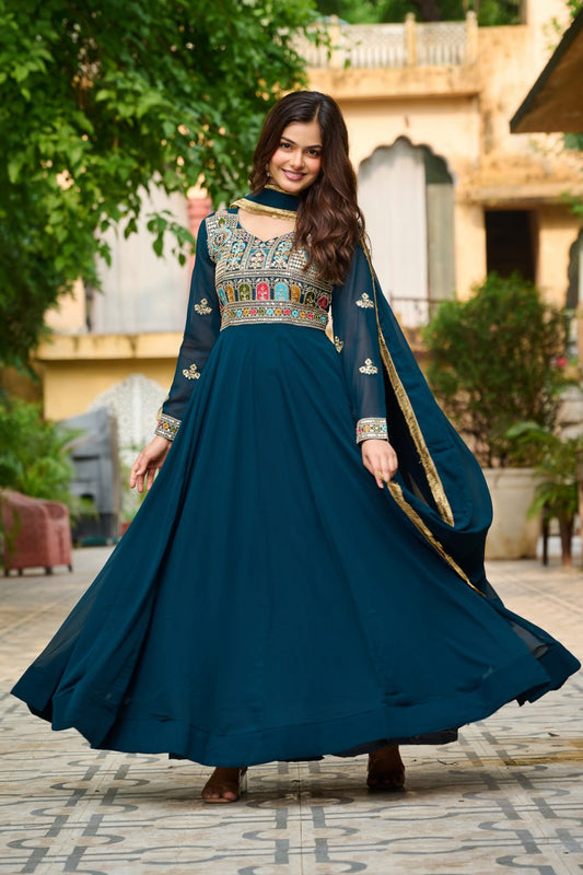 Faux Blooming Embroidery Work Rama Color Gown With Dupatta