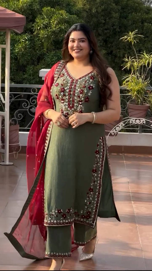 Graceful Mehndi Color Embroidered Sequence Work Salwar Suit