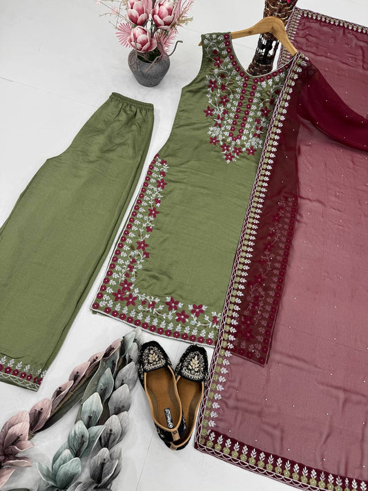 Graceful Mehndi Color Embroidered Sequence Work Salwar Suit