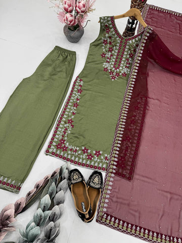 Graceful Mehndi Color Embroidered Sequence Work Salwar Suit