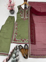 Graceful Mehndi Color Embroidered Sequence Work Salwar Suit
