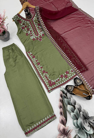Graceful Mehndi Color Embroidered Sequence Work Salwar Suit