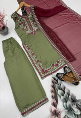 Graceful Mehndi Color Embroidered Sequence Work Salwar Suit