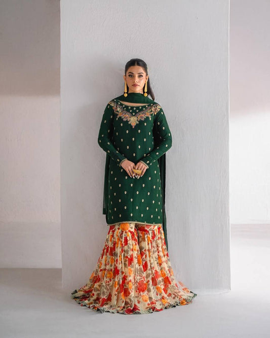 Embroidery Work Green Color Glorious Sharara Suit