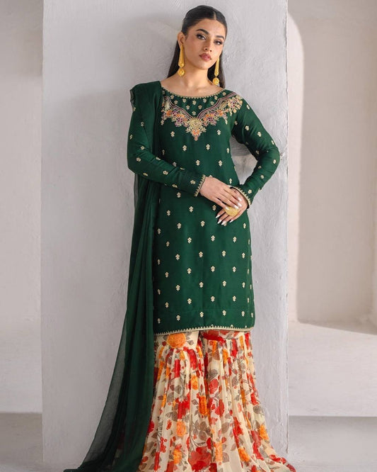 Embroidery Work Green Color Glorious Sharara Suit