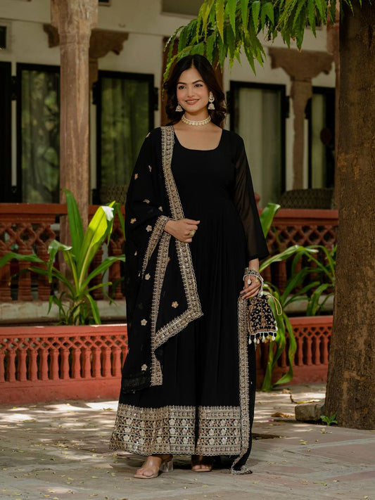 Georgette Black Color Embroidery Work Designer Gown