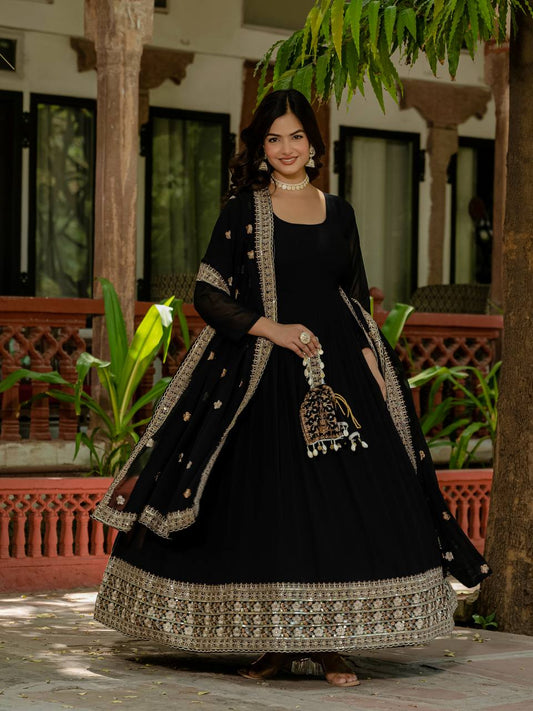 Georgette Black Color Embroidery Work Designer Gown