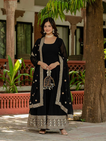 Georgette Black Color Embroidery Work Designer Gown