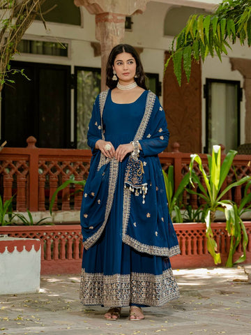 Georgette Blue Color Embroidery Work Designer Gown