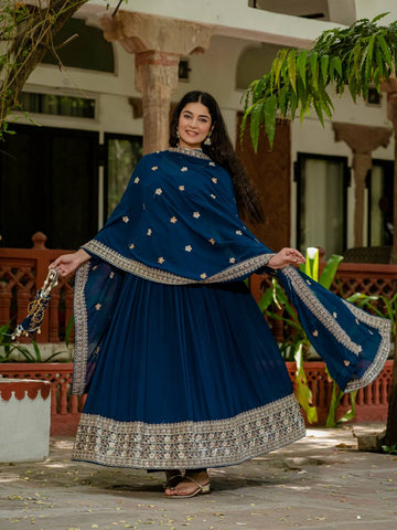 Georgette Blue Color Embroidery Work Designer Gown