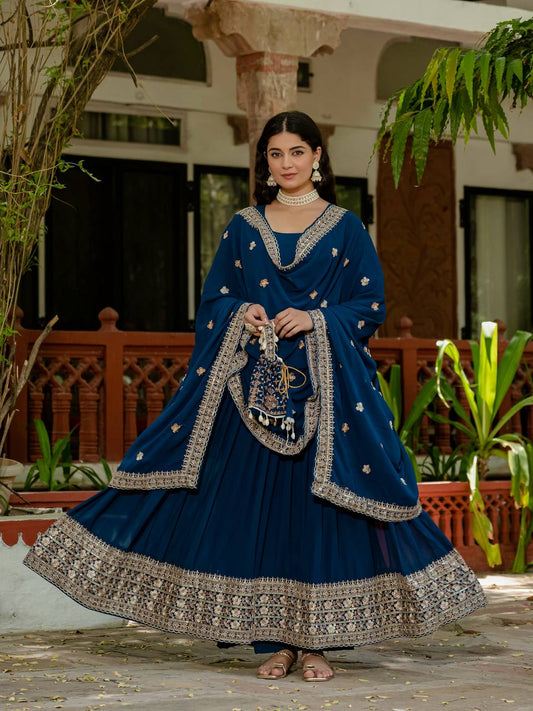 Georgette Blue Color Embroidery Work Designer Gown