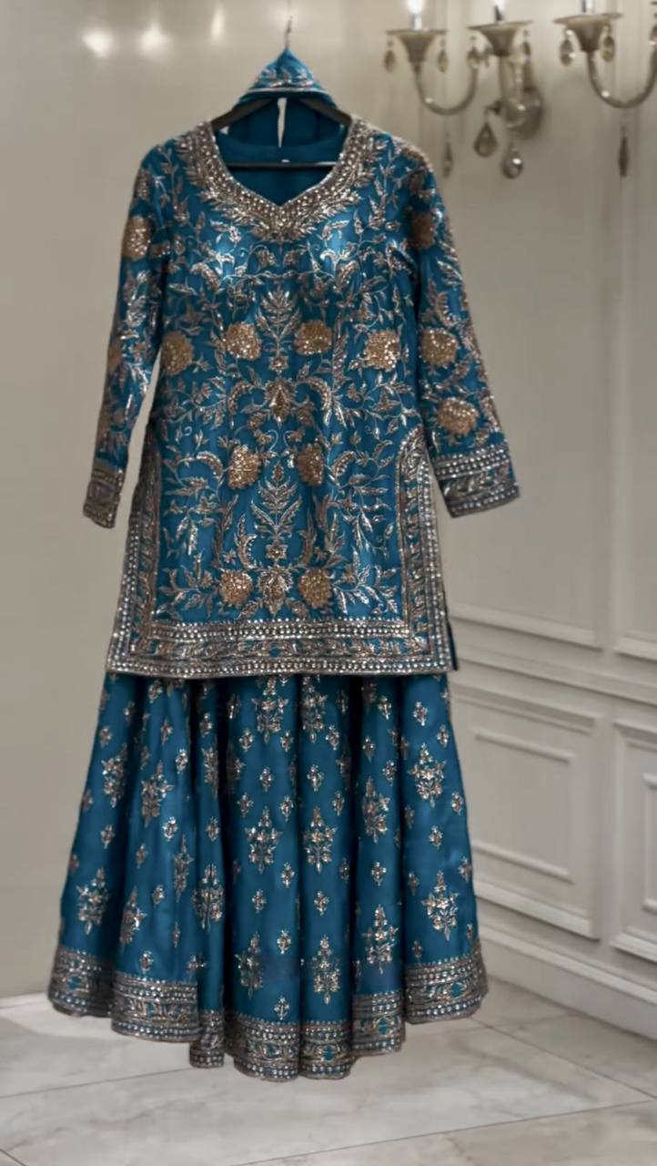Embroidery And Sequence Work Teal Blue Palazzo Suit