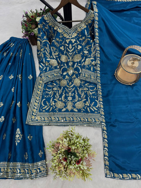 Embroidery And Sequence Work Teal Blue Palazzo Suit