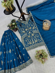 Embroidery And Sequence Work Teal Blue Palazzo Suit