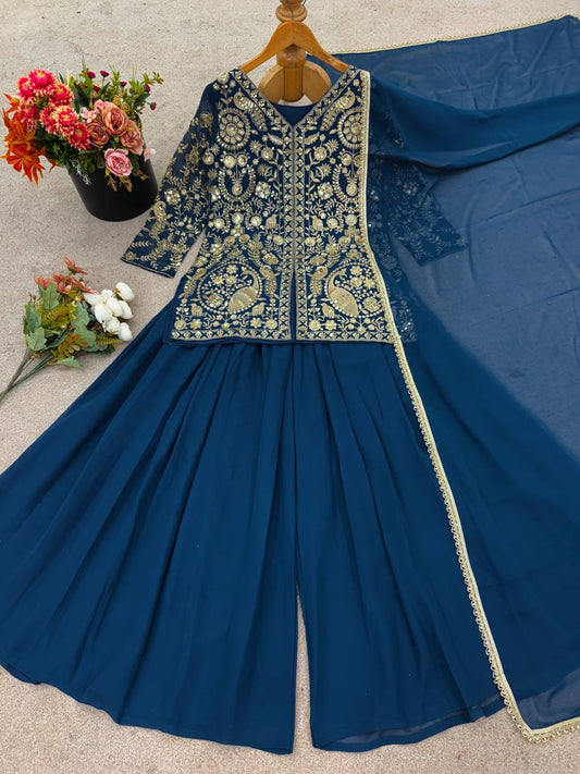 Designer Teal Blue Color Top With Palazzo Set