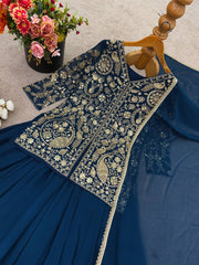 Designer Teal Blue Color Top With Palazzo Set
