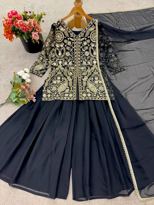 Designer Black Color Top With Palazzo Set
