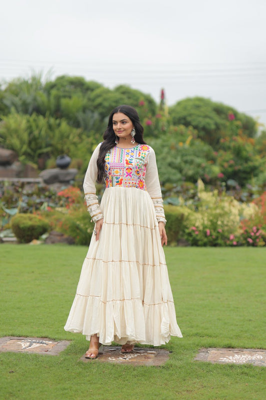 Charming White Gamthi Work Navratri Wear Ruffle Gown