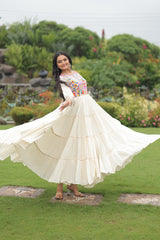 Charming White Gamthi Work Navratri Wear Ruffle Gown