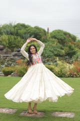 Charming White Gamthi Work Navratri Wear Ruffle Gown