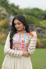 Charming White Gamthi Work Navratri Wear Ruffle Gown