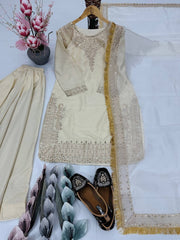 Off White Color Work Sequences Innovative Palazzo Suit