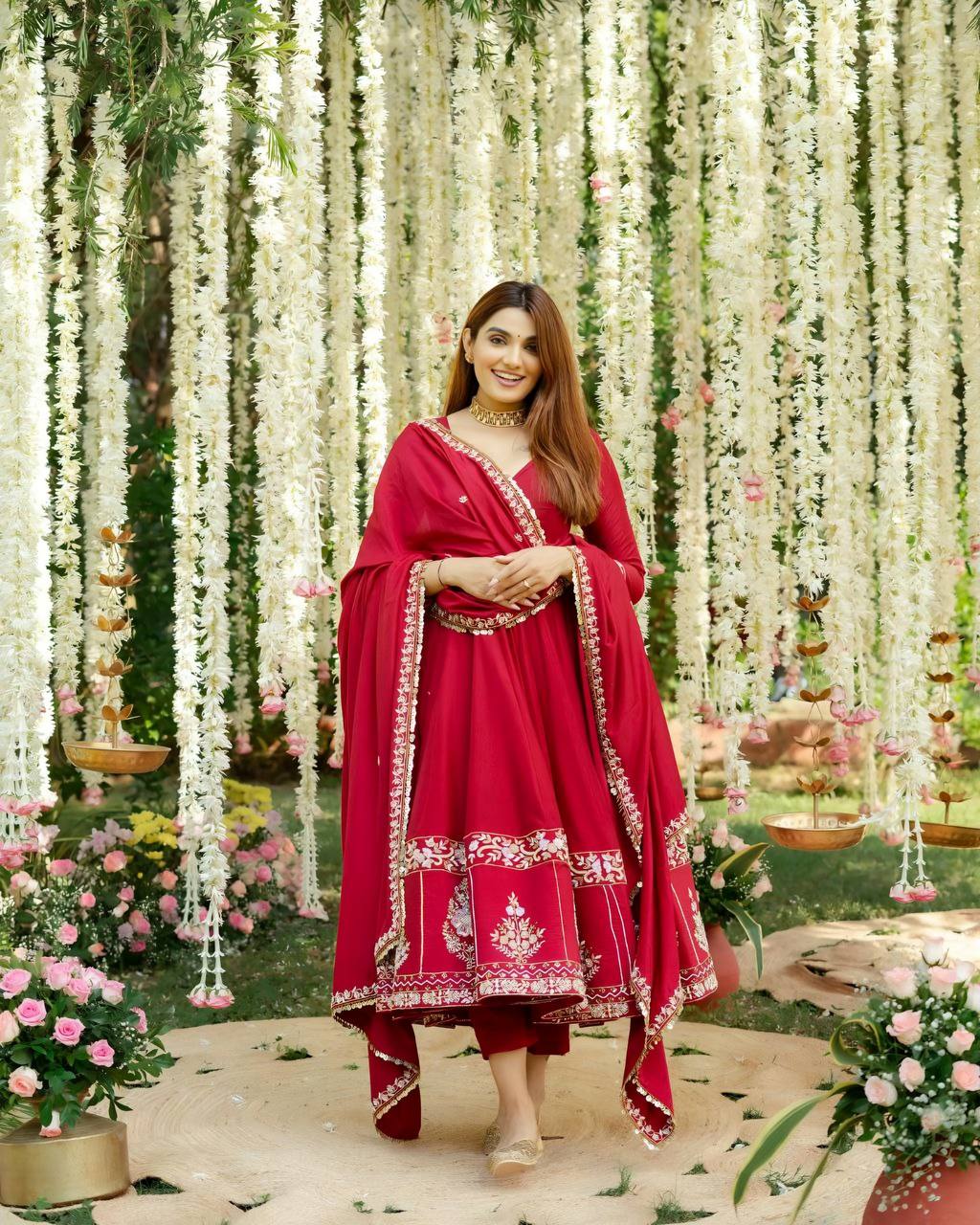 Multi Thread Work Red Color Anarkali Suit